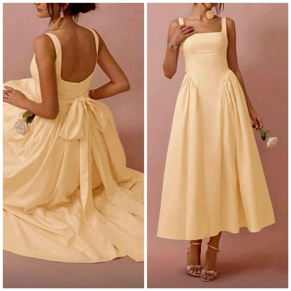 New Flirty Tie Back Basque Waist Full Midi Dress Yellow